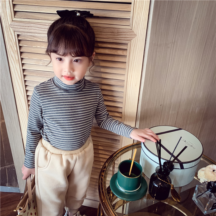 Picture of Children's Winter Girls' Base Shirt Autumn Outfit for Older Children, German Velvet Striped High-Neck Fleece Top, Children's Warm Top