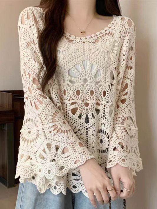 Summer Women's Retro Hollow Crochet Sweater Women's New Lightweight Breathable Loose Unique Chic All-match Fashion