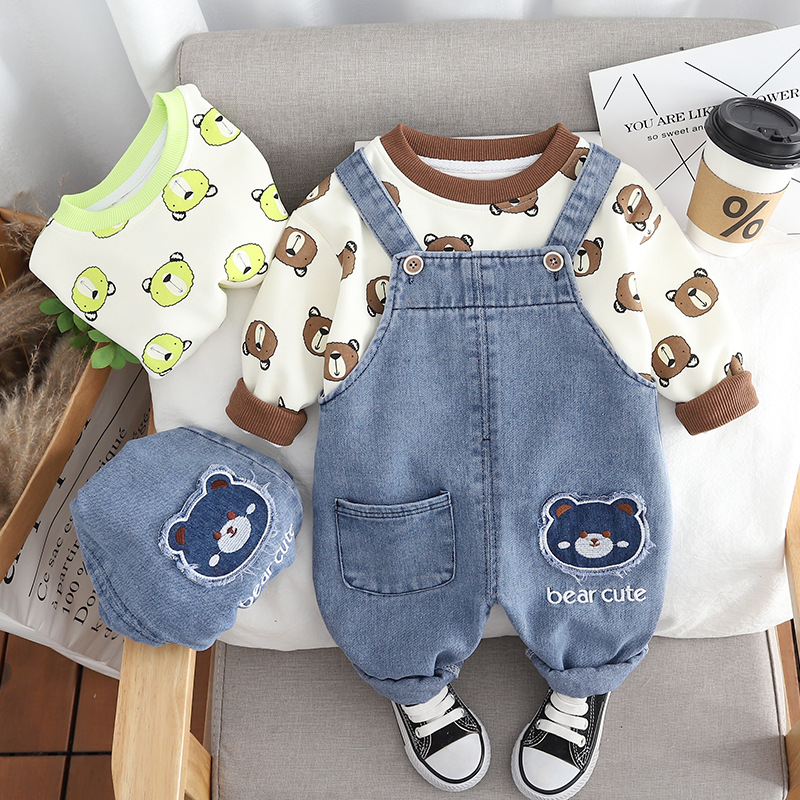 Boys' Spring and Autumn Denim Strap suit 2024 New Long Sleeve Children's Cartoon Crewneck Sweatshirt Two-Piece Set for Hair