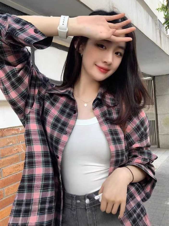 Japanese and Korean Style Light Mature Long Sleeve Black Pink Plaid Stitching Shirt Elegant Artistic Retro Design Commuting Loose Shirt New