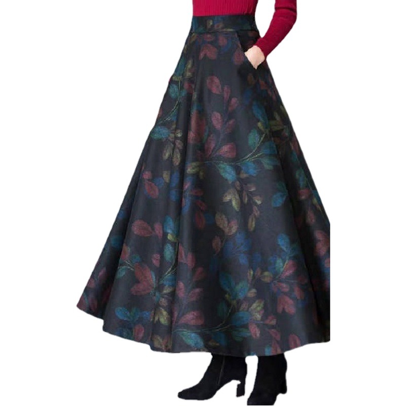 Autumn and Winter Woolen Plaid Skirt Women's Retro New plus size Mid-length A- line Large Swing Skirt High Waist Slim Long Skirt