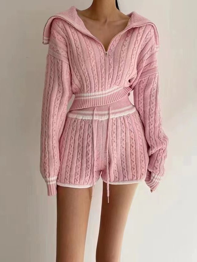 Fashion suit women's elegant thickened zipper sweater knitted shorts 2023 autumn and winter new two-piece set