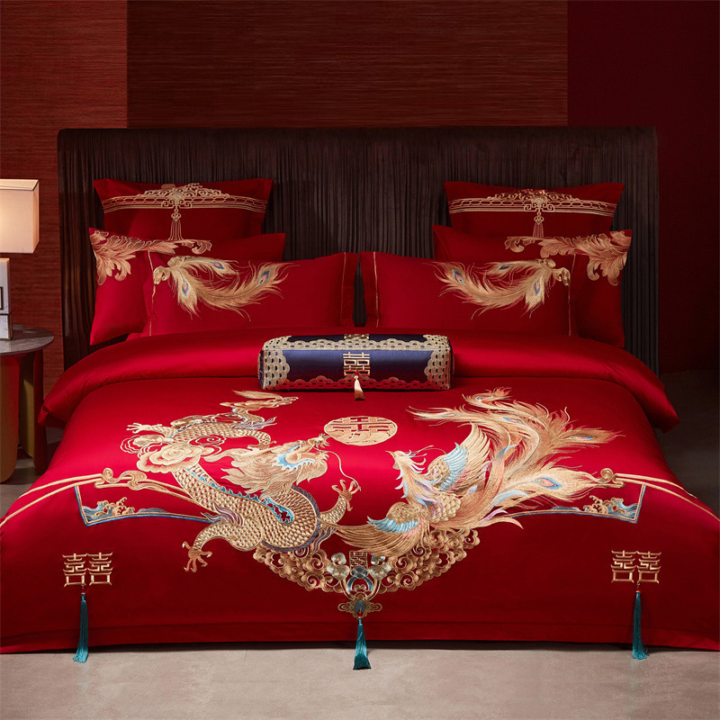 Picture of High-End 120S Pure Cotton Long-Staple Cotton Wedding Four-Piece Set New Chinese Style Dragon and Phoenix Embroidery Wedding Red Bedding