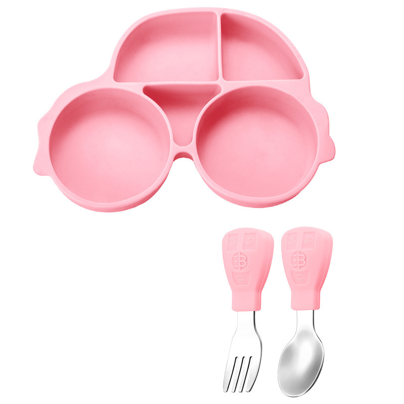 Picture of Amazon Cartoon Children's Car Silicone Dinner Plate 304 Stainless Steel Spoon Fork Gift Baby Learning Dining Tableware Set
