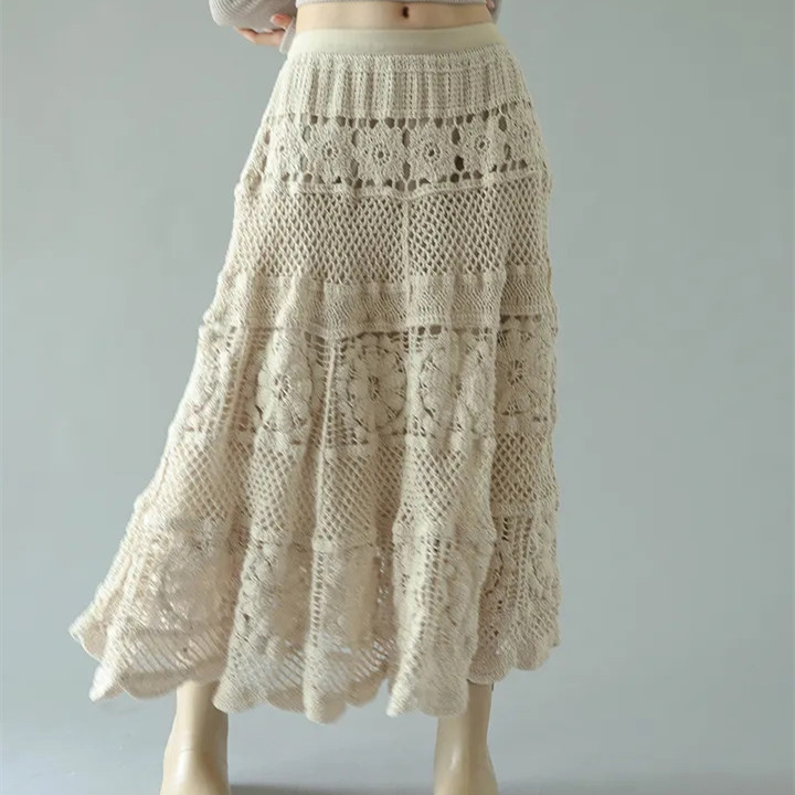 Cross-border supply 2024 new slim A- shaped large swing elastic waist wool crochet hollow long skirt