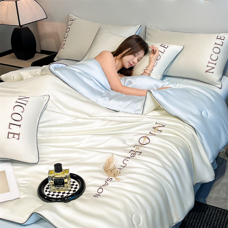 Picture of Washed Ice Silk Summer Quilt Four-piece Solid Color Embroidered Cool Air Conditioned Quilt Summer Gift Summer Quilt Summer Thin Quilt