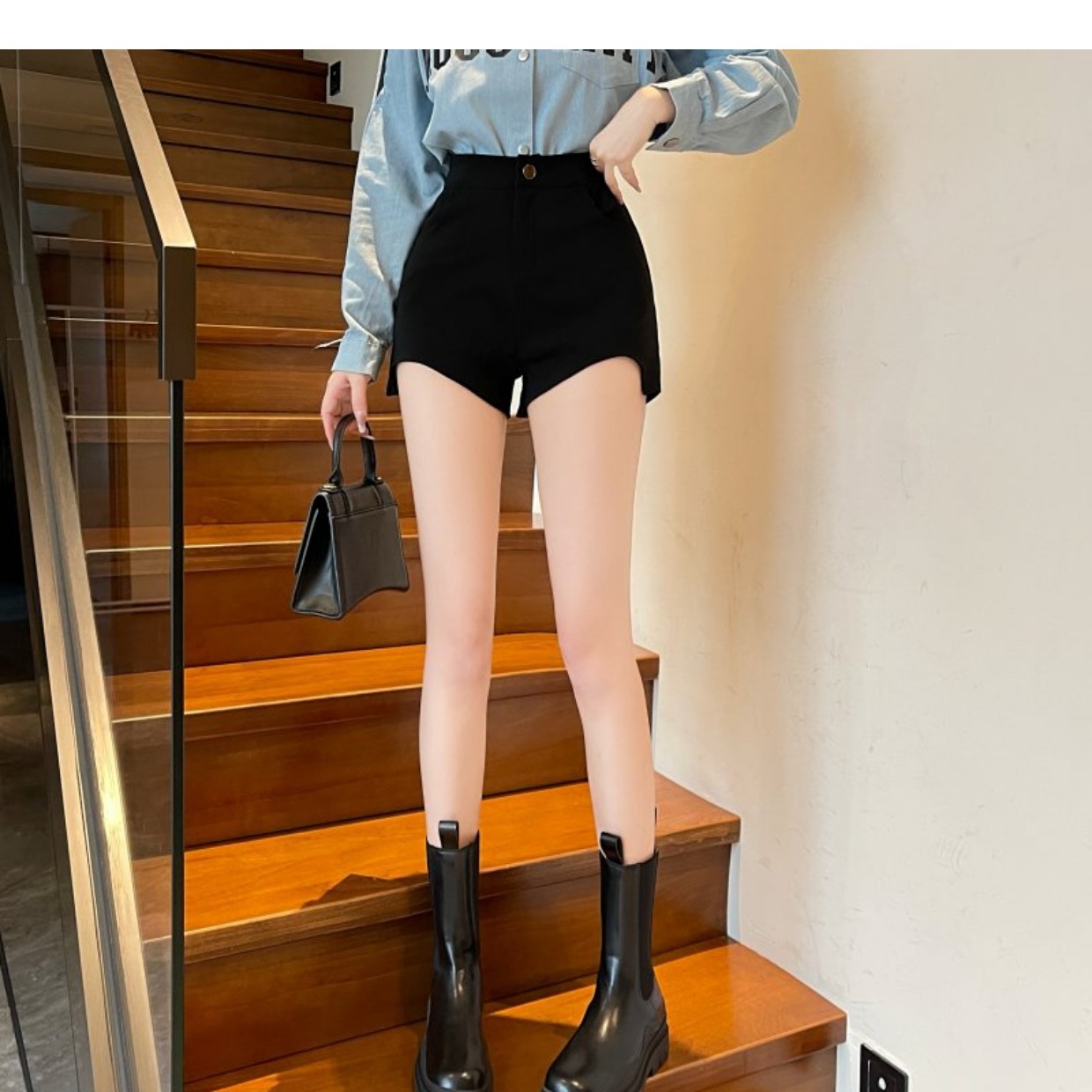 Picture of High Waist Shorts Women's Outer Wearing Spring 2023 New Black A- Shaped Super High Waist Wide Leg Slimming Casual Hot Pants ins Trendy