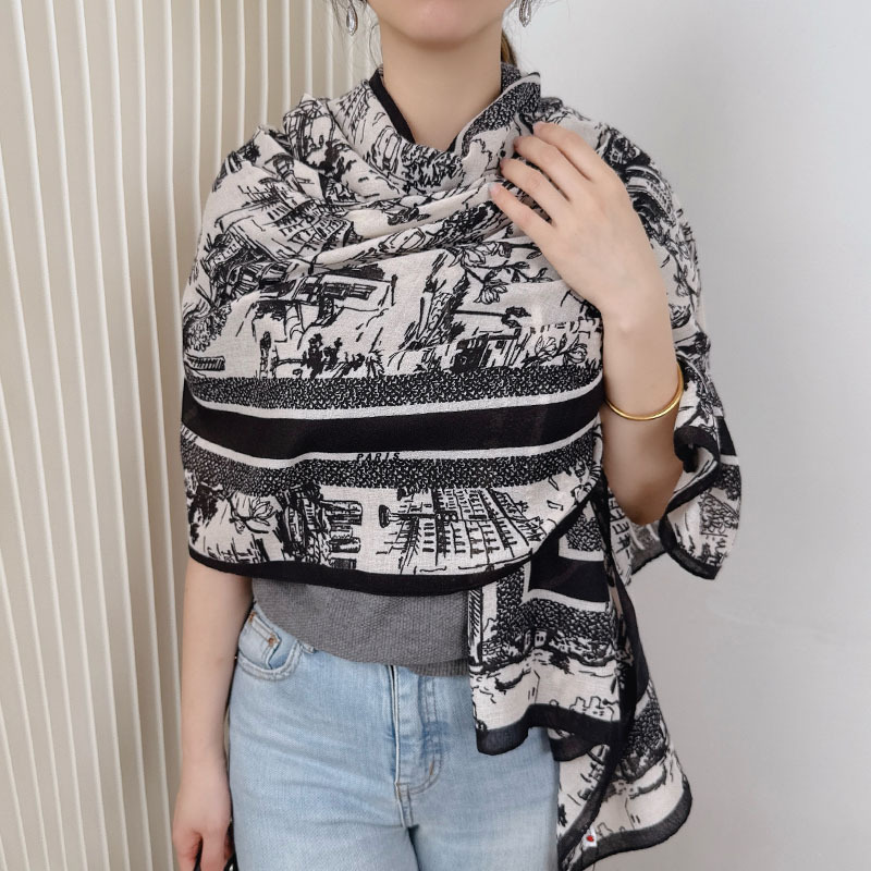 Picture of Line Town Street Gallery Scarf Women's Cotton and Linen Blended European and American Fashion Style Warm Shawl Lightweight Outerwear