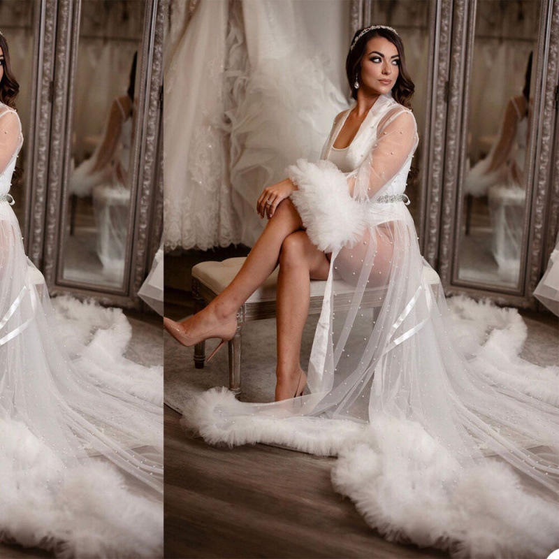 Cross-border Foreign Trade Wholesale White Pearl Mesh Long Robe Trailing Large Skirt Mesh Ruffled Cape Morning Gown