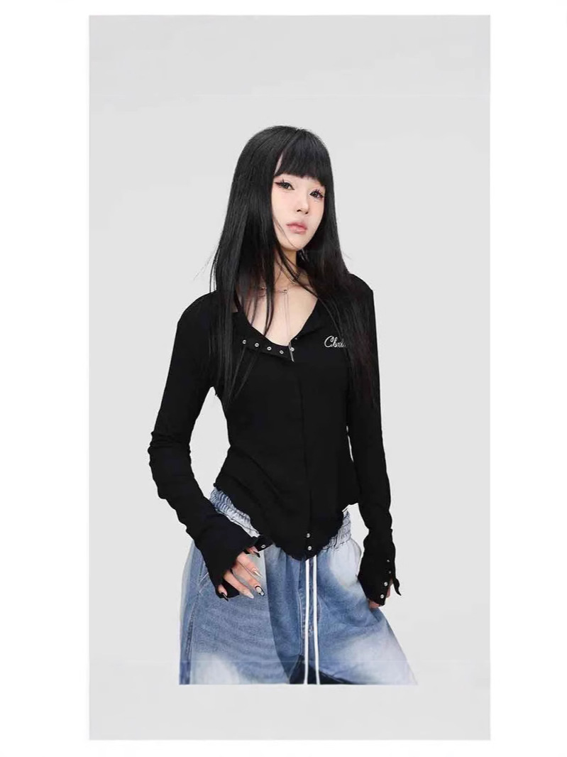 Spice Girls Black Lace Stitching Two Autumn Winter Autumn Long Sleeve Base T-shirt Design Pure Slim New Top