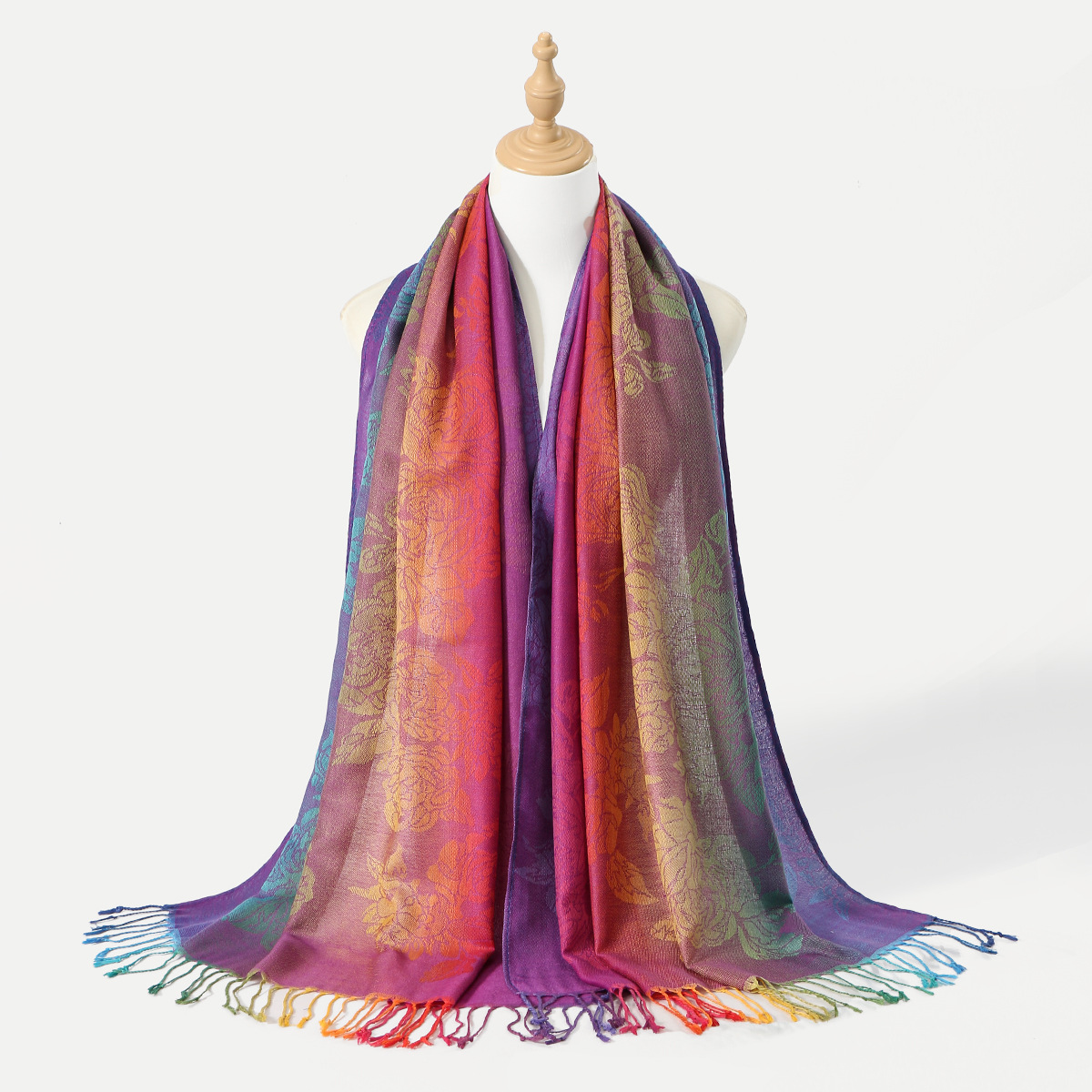 Picture of Amazon Same Style Ethnic Style Color Cashew Embroidered Long Scarf Rainbow Gradient Tassel Scarf Shawl Women's Bag Turban
