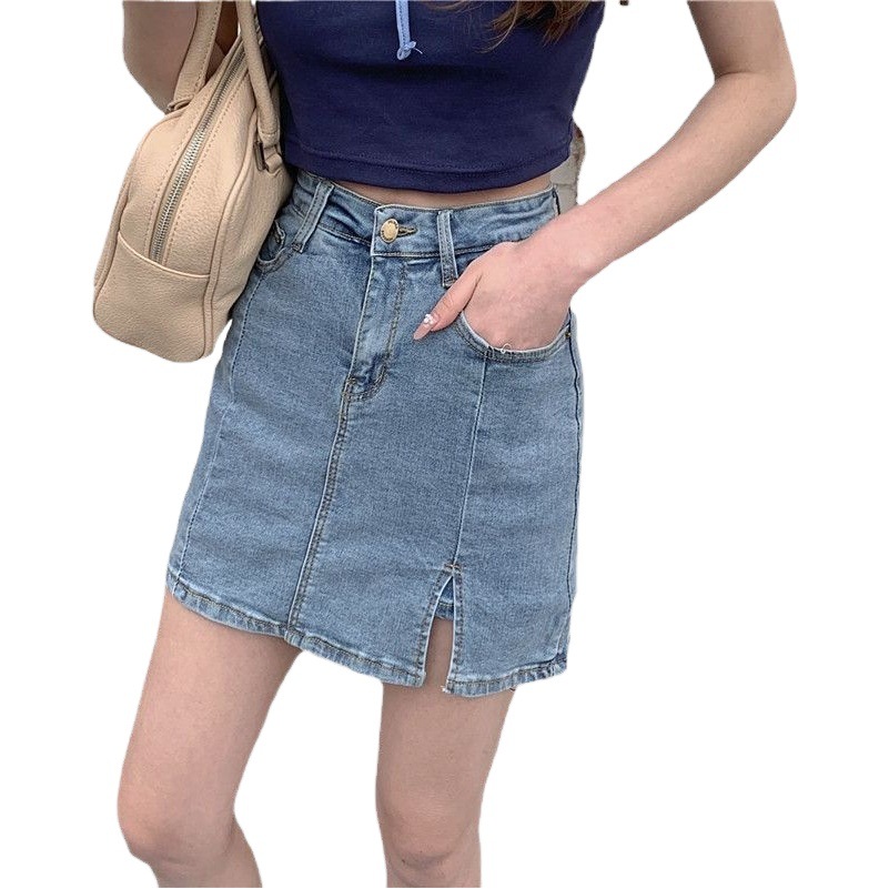 Denim Skirt A- Line Short Skirt Women's Spring and Summer 2023 New Split Skirt High Waist Anti-walking Sheath All-match Pants Skirt