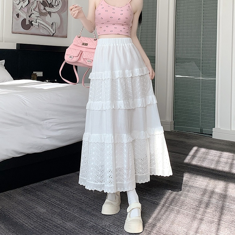 French sweet gentle style white skirt for women 2024 spring new high waist slimming lace fluffy cake skirt