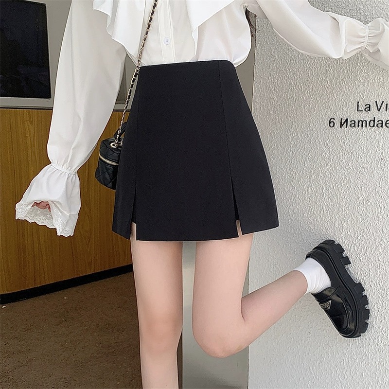 Split Skirt Women's 2023 Autumn and Winter New Explosions Skirt Black High Waist Slimming Anti-glare A- line Skirt