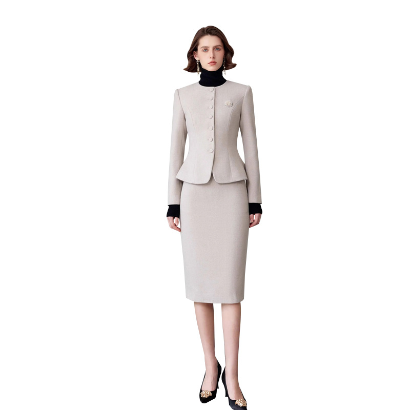 Picture of Autumn and Winter Fashion New Retro Oatmeal Color Round Neck Professional Women's Dress suit Elegant Female President Manager Formalwear