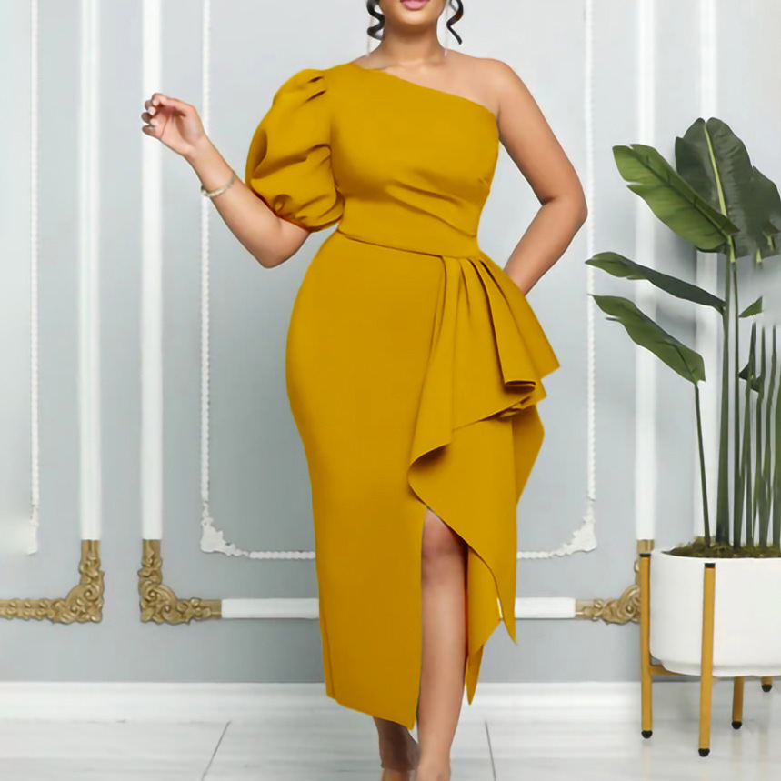 Stitching irregular dress European and American cross-border dress women's elegant waist puff sleeve banquet split dress