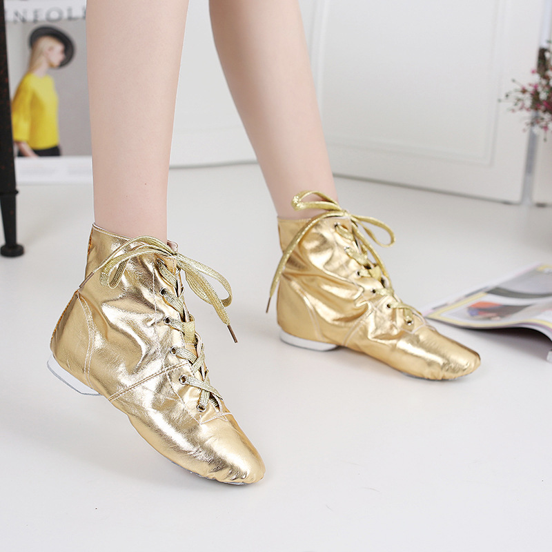 Picture of Gold and Silver High Top Dance Shoes Leather Glossy Stage Performance Adult Children Canvas Jazz Boots Shoes Black Women