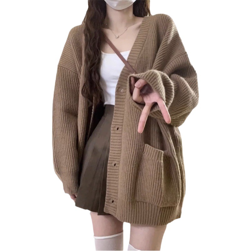 High-grade gray lazy style knitted sweater coat cardigan for women 2024 New early Spring and Autumn Mid-length top
