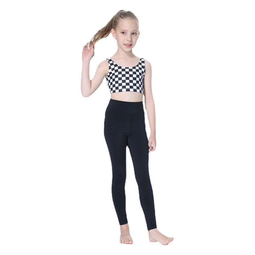 Casual Checkerboard Children's Yoga Suit Set, Tight-Fitting, Elastic, Quick-Drying, Sports Girl's Fitness Fashion