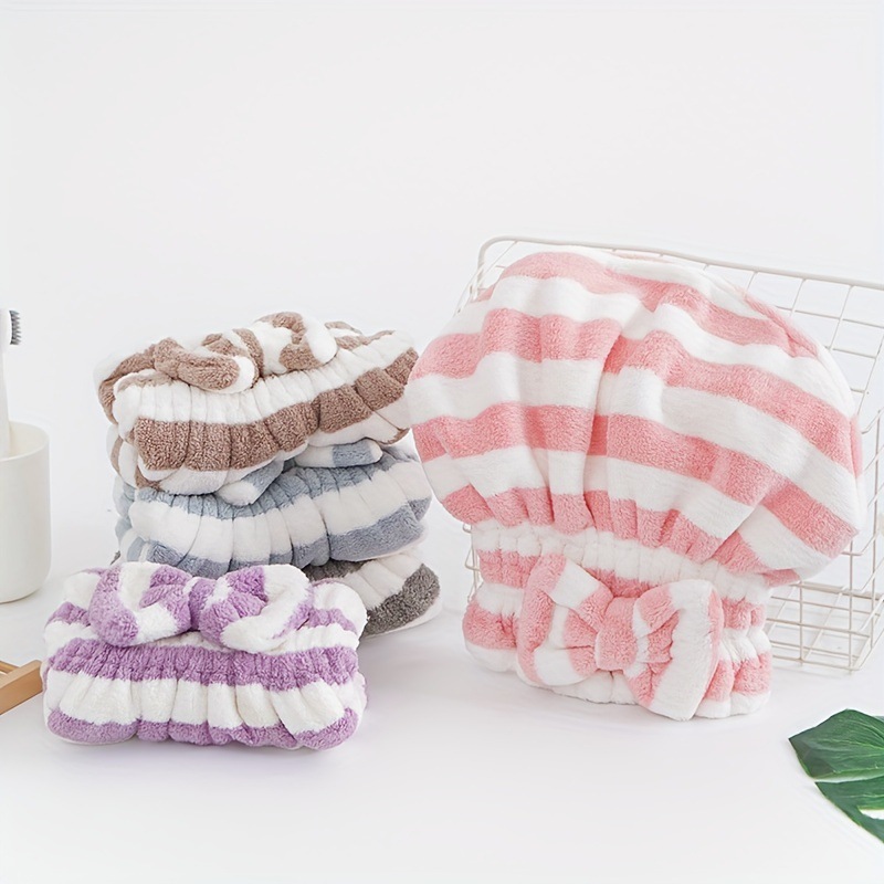 Coral velvet hair drying cap shower cap cute bow plain stripe fashion simple hair drying cap adult shower cap