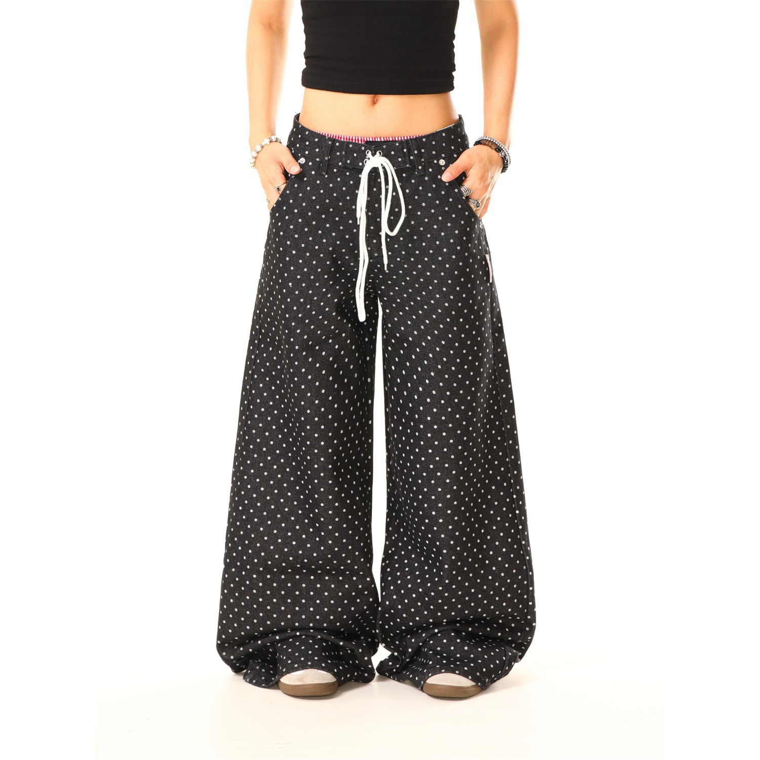 Japanese trendy brand drawstring elastic waist polka dot slacks 2025 fall hot girl loose and comfortable straight-leg trousers