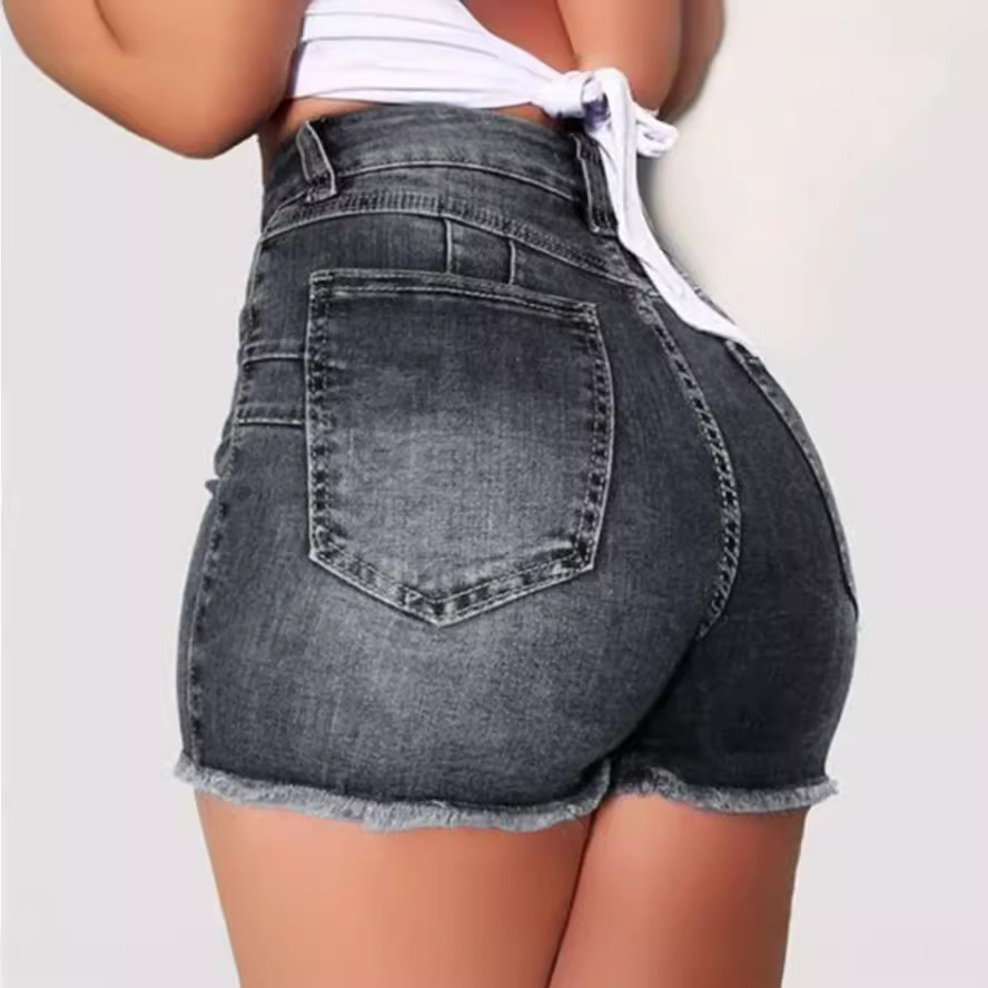 Picture of Amazon Aliexpress Independent Site Popular European and American Foreign Trade Elastic Slim Fit Ripped Tassel Denim Shorts for Women