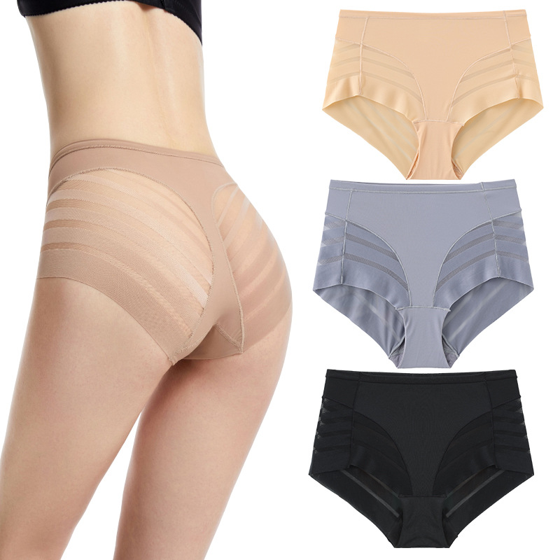 Picture of Explosions Mid-waist Briefs Belly-tight Waist-lifting Hip Transparent Mesh Striped Comfortable Cotton Crotch Large Size Panties