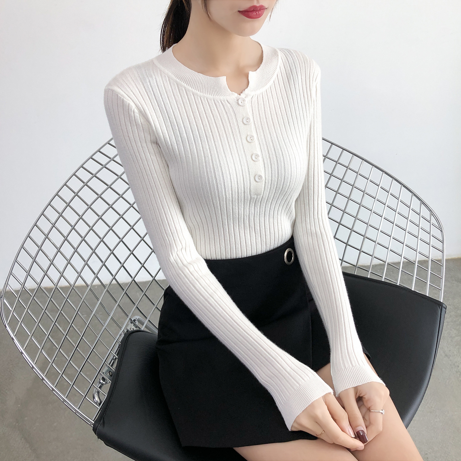 Picture of Real shot autumn and winter New Low round neck leaky collarbone knitted bottoming shirt slim short thin sweater button top