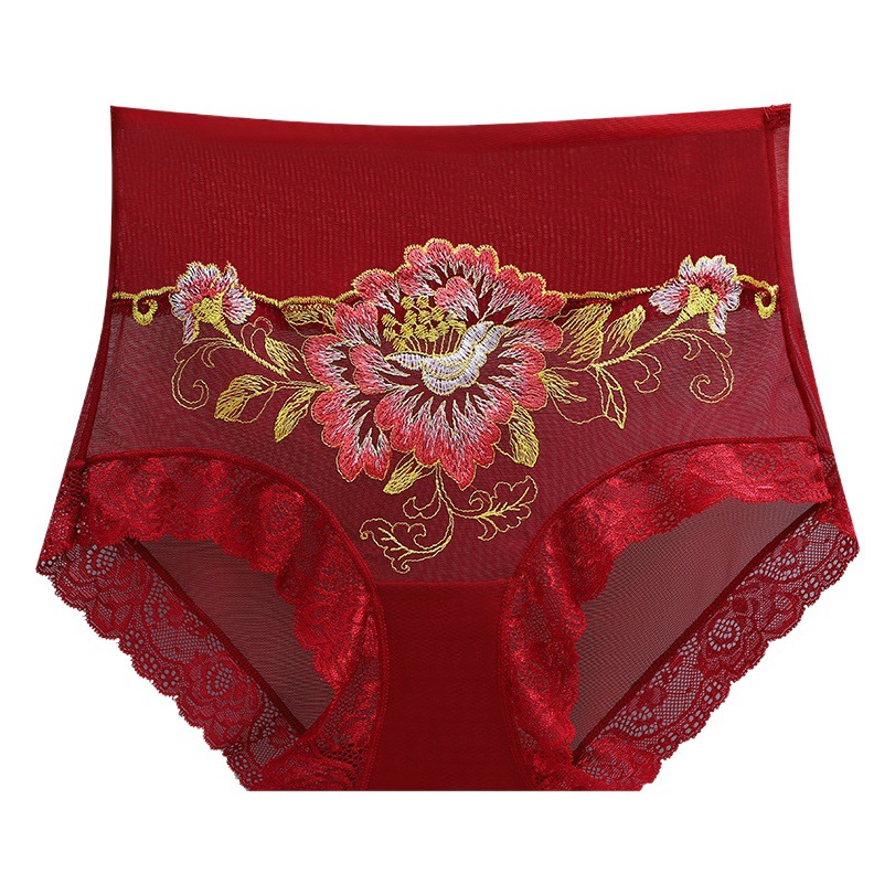 Sexy plus size high waist lace underwear women's seamless transparent embroidered flower hip lifting belly contracting cotton crotch briefs