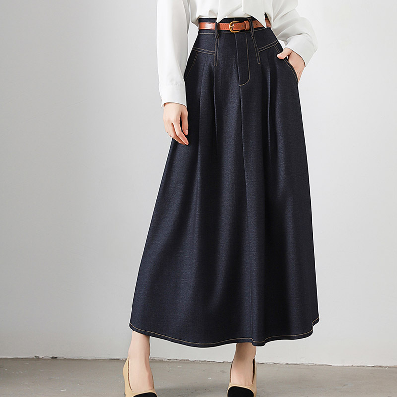 in stock Real Shot Retro dark blue High Waist Denim Skirt Women's Spring and Autumn Slimming Mid-length Large Swing Skirt