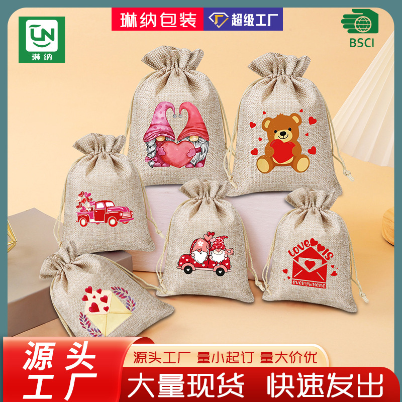 Linna 2025 New Cross-Border Valentine's Day Storage Linen Bag Drawstring Pouch Colorful Custom Multi-Color Pattern Linen