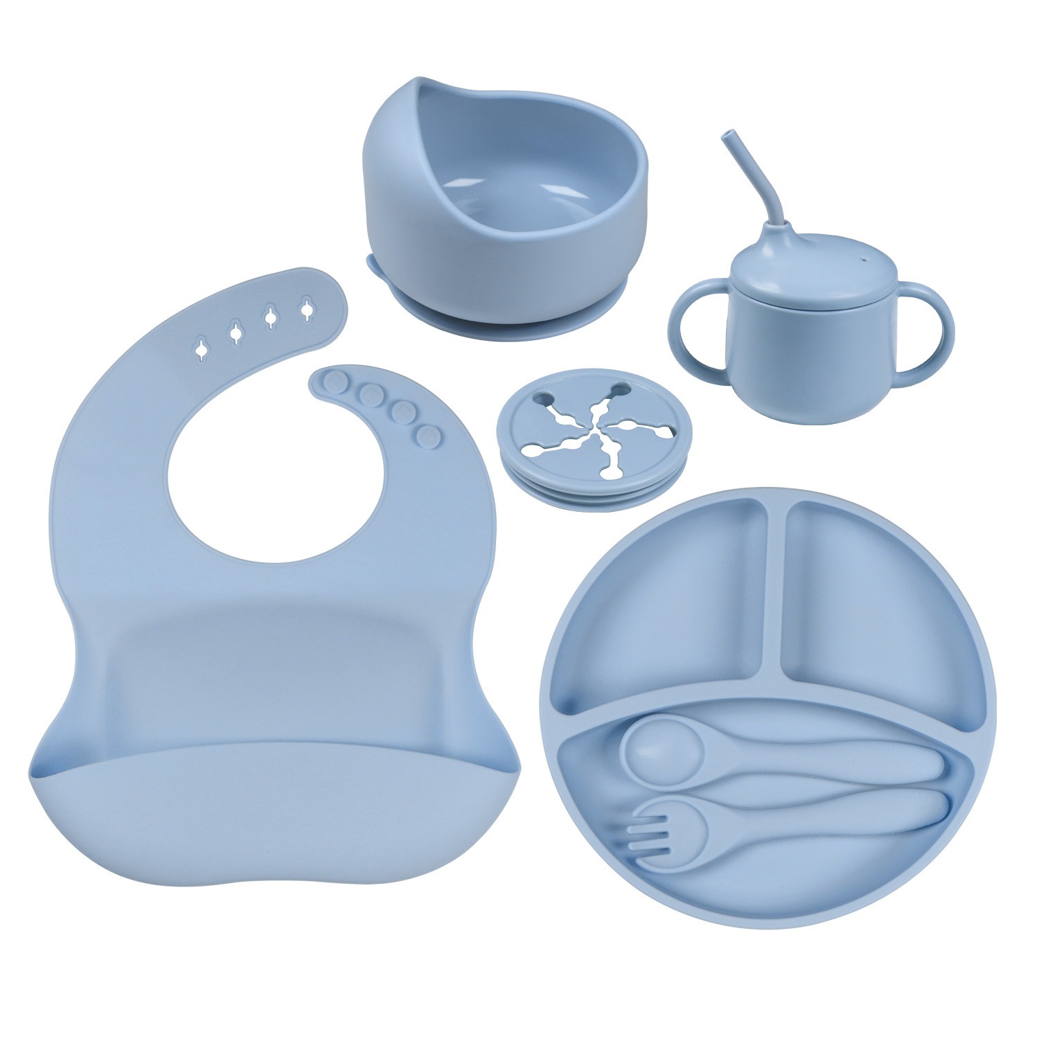 Picture of Cross-border Hot Selling Children's Supplementary Silicone Dinner Plate Bowl Fork Spoon Bib Five Pieces Tableware suit Drop Resistant Dinner Plate suit