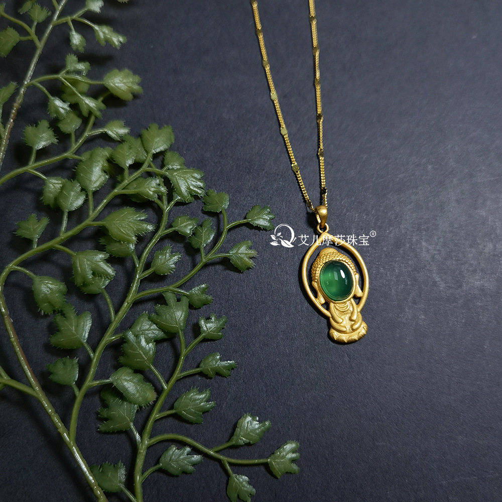 Picture of Elle Mosha Jewelry Guofeng S925 Silver Plated Gold Inlaid Jade Buddha Pendant Necklace Live Wholesale Supply