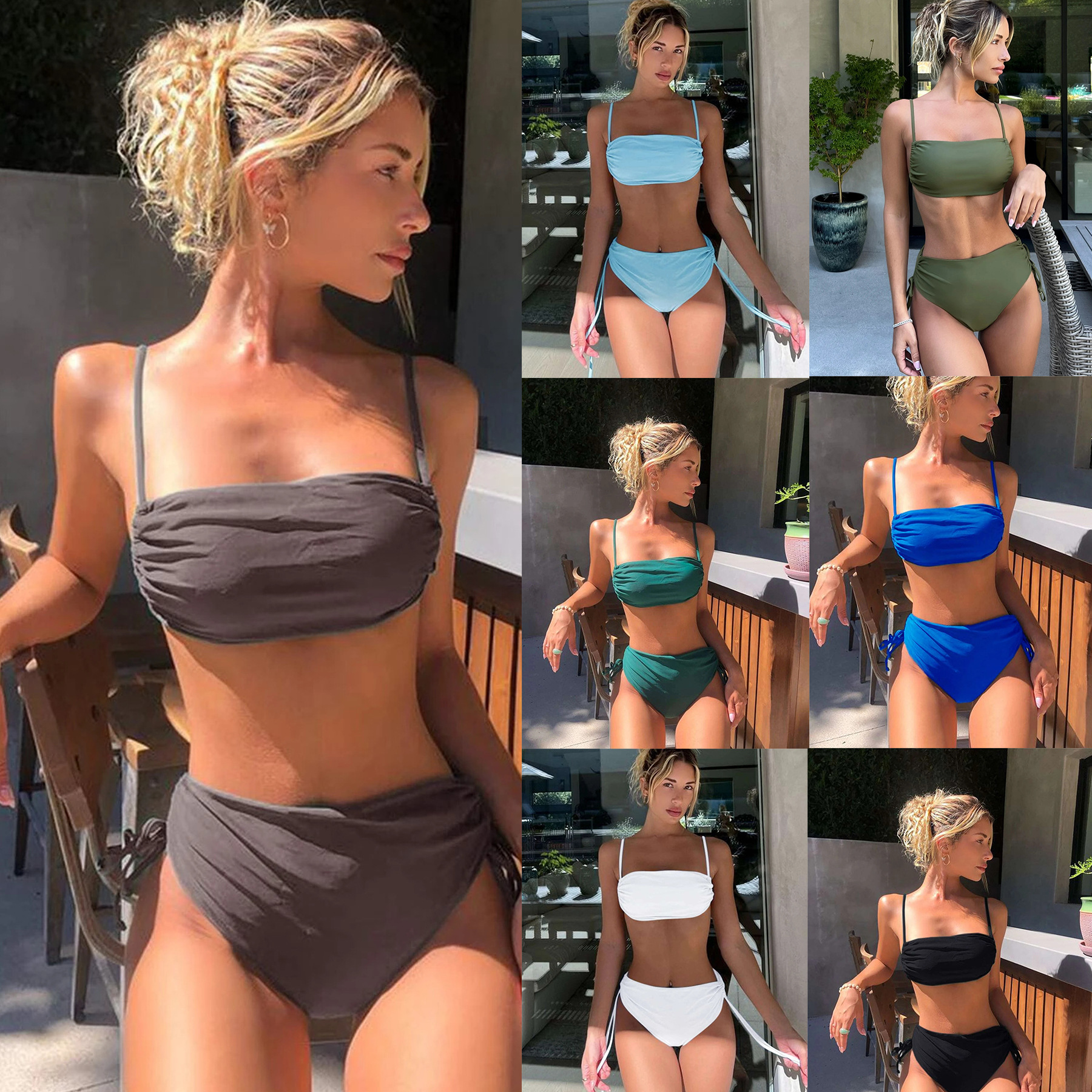 Solid Color New Bikini Two-Piece Sexy Swimwear Women's Suit Fashion Beach Lace-Up Backless Swimsuit