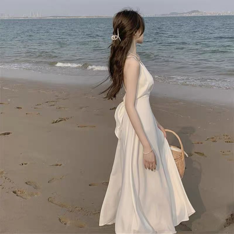 Amazon new French style first love white elegant V-neck streamer dress pure desire style sling dress waist slimming