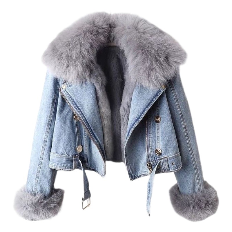 2023 autumn and winter New detachable faux fox fur rabbit fur liner Denim coat women's short top parka clothes