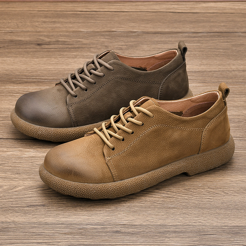 Top layer cowhide thick-soled men's shoes new spring vintage flat casual lace-up all-match non-slip breathable soft-soled summer