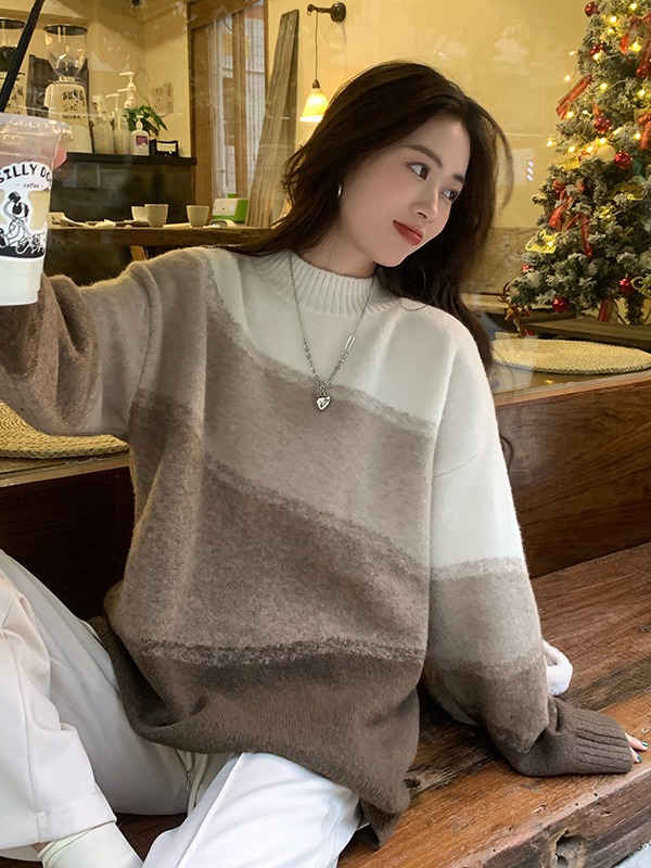 Lazy style half turtleneck striped sweater for women autumn and winter new high-grade loose outer wear pullover sweater top