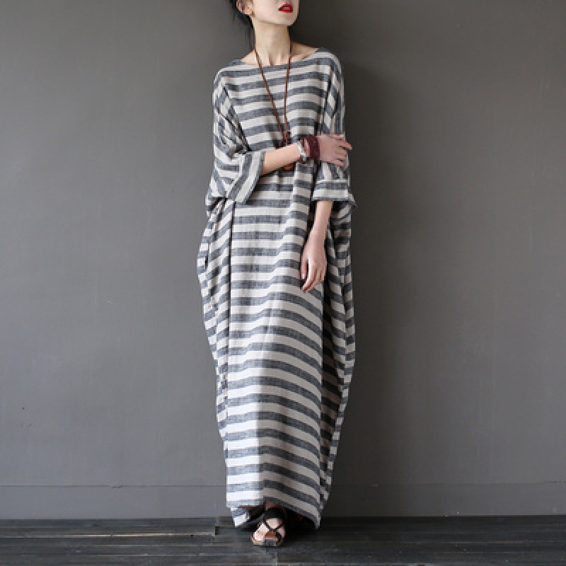 2024 spring new original ethnic style artistic robe mid-length retro loose striped cotton and linen dress women