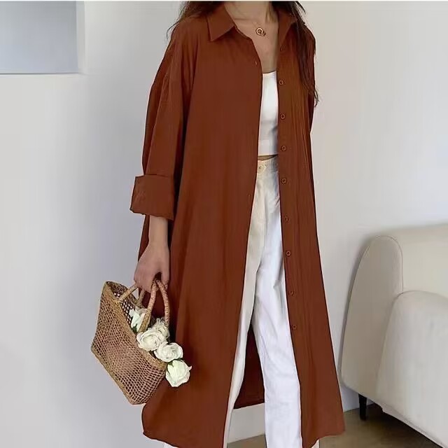 Picture of 25 Shirts for Women Spring & Fall Cotton and Linen Fashionable Korean Style Pure Color Versatile Tops Mid-Length Loose Shirts Long-Sleeved Large Size Tops