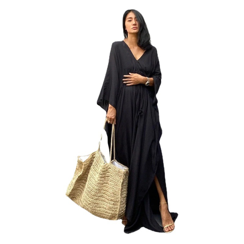 2023 European and American New Rayon Plus Size Women's Sun Protection Drawstring Dress Long Skirt Beach Cover-Up Bikini Sun Protection Clothing