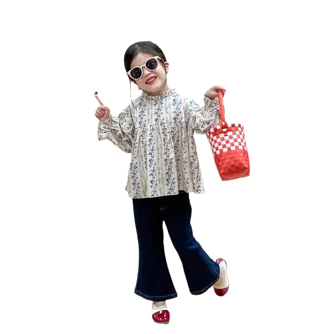 Picture of Girl's Floral Shirt 2024 Autumn Western-style Floral Auriculariar Collar Top Doll Shirt Stretch Denim Flared Pants
