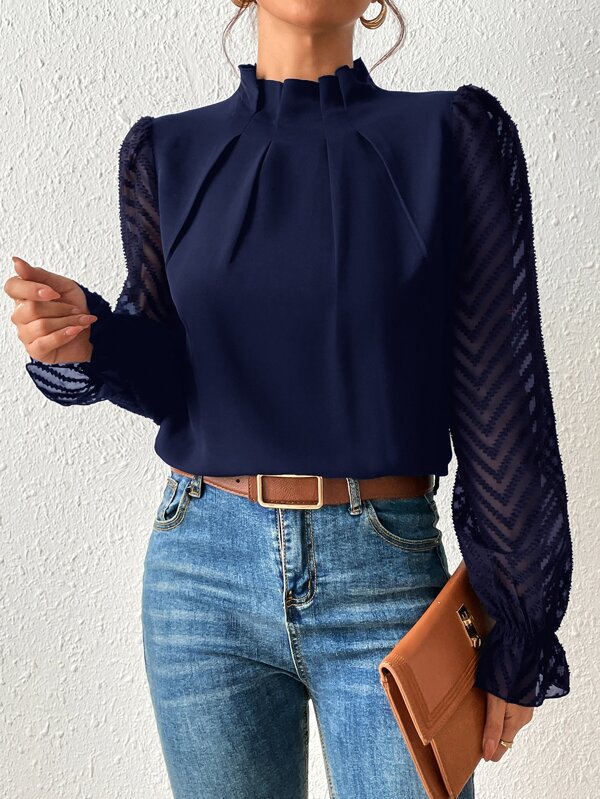Picture of 2024 Europe and the United States Amazon cross-border women's autumn and winter new half-high collar stitching wave chiffon long sleeve top