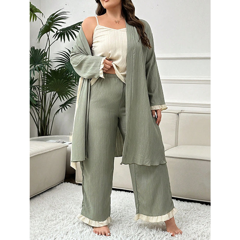 European and American Style Loose Plus Size Women's Pajamas Three-Piece Set Autum New High-End Long-Sleeved Jacket Pants Home Clothes