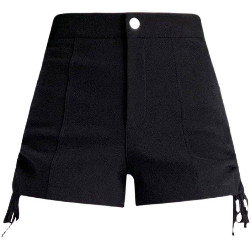 Women's lace-up high waist black casual pants with one button on both sides Korean style versatile slimming outerwear shorts for autumn and winter 2023