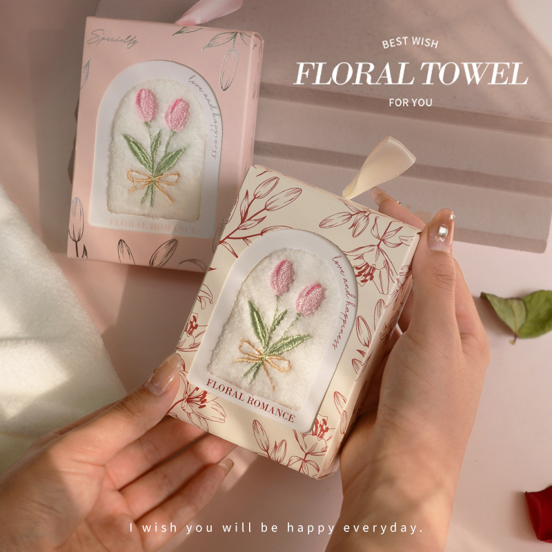 Picture of Mother's Day Tulip Towel Gift Box Hand Gift Small Gift Creative Absorbent Face Wash Towel Square Gift Box