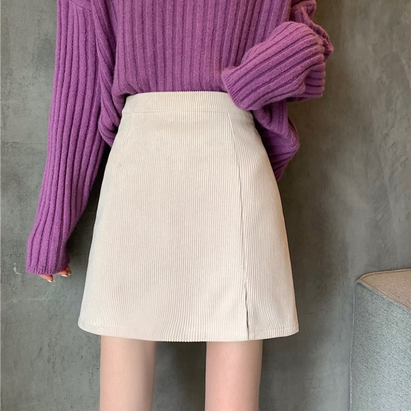Black A-Line Skirt for Women Autumn and Winter 2023 New Corduroy High-Waist Slim Skirt Elegant Hip-Hugging Short Skirt
