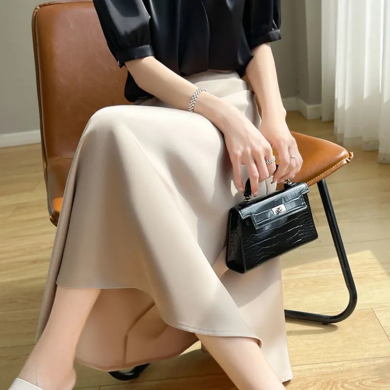 Vintage Acetate Satin Skirt Women's Dape Fashion Cross-border A- line Skirt Mid-length High Waist Slimming Hip Covering Skirt