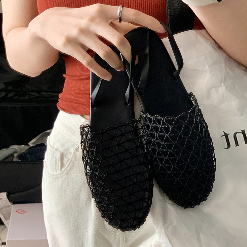 Sheepskin version ~ closed head back trip with fishing net flat sandals Roman shoes summer new hollow comfortable beach half slippers