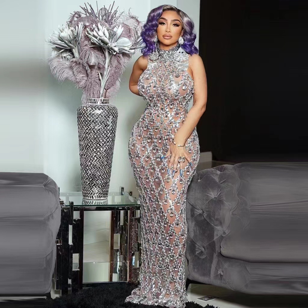 high quality Fashion Neck Sexy Sleeveless Cross Diamond Tight Long Floor-length dress Evening Dress Women